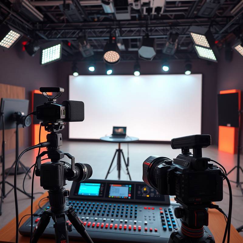 A live streaming setup with cameras, microphones, and a mixing console, broadcasting to an online audience