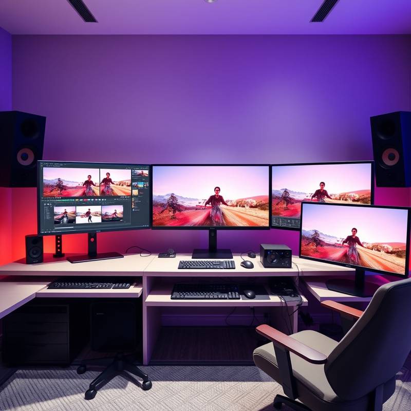 Interior of a professional video editing suite with multiple monitors and editing software