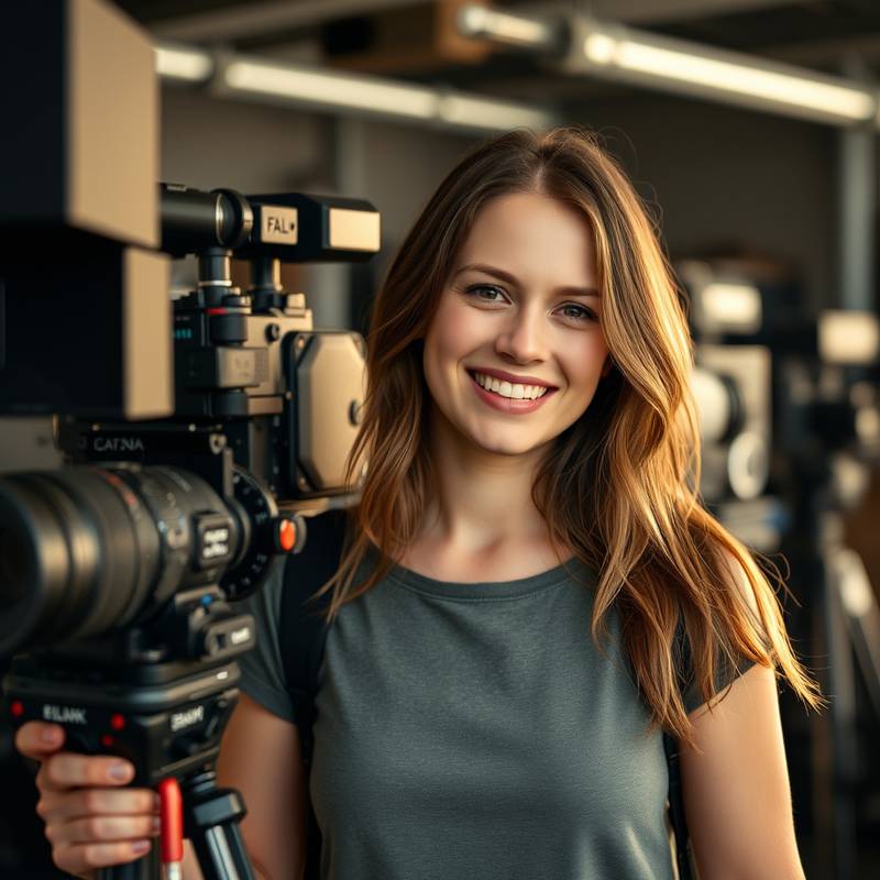 Portrait of Anya Petrova, Lead Videographer, smiling in front of film equipment