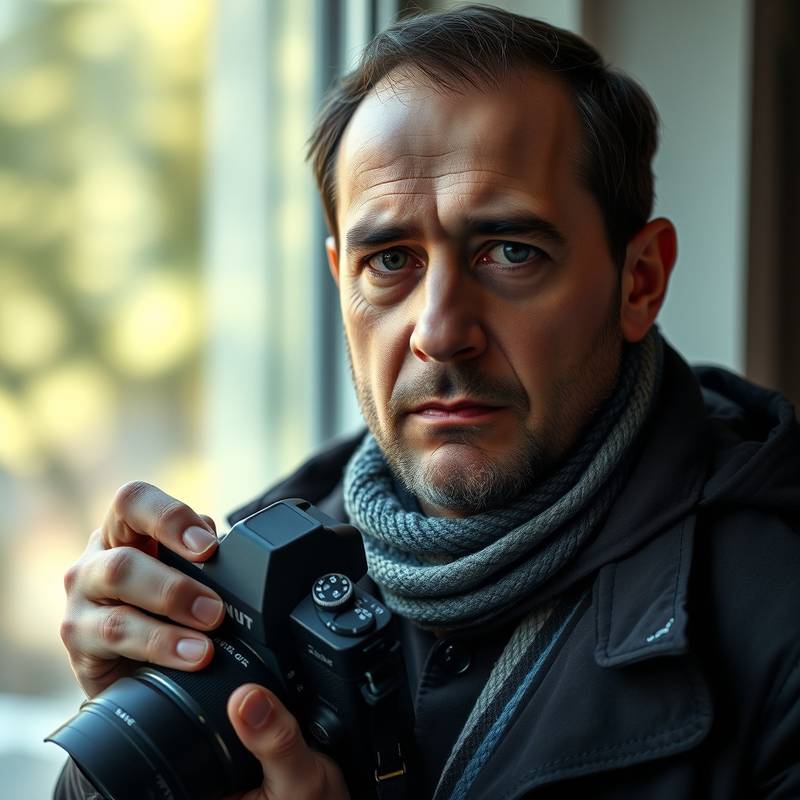 Portrait of Dimitri Volkov, Chief Photographer, holding a professional camera