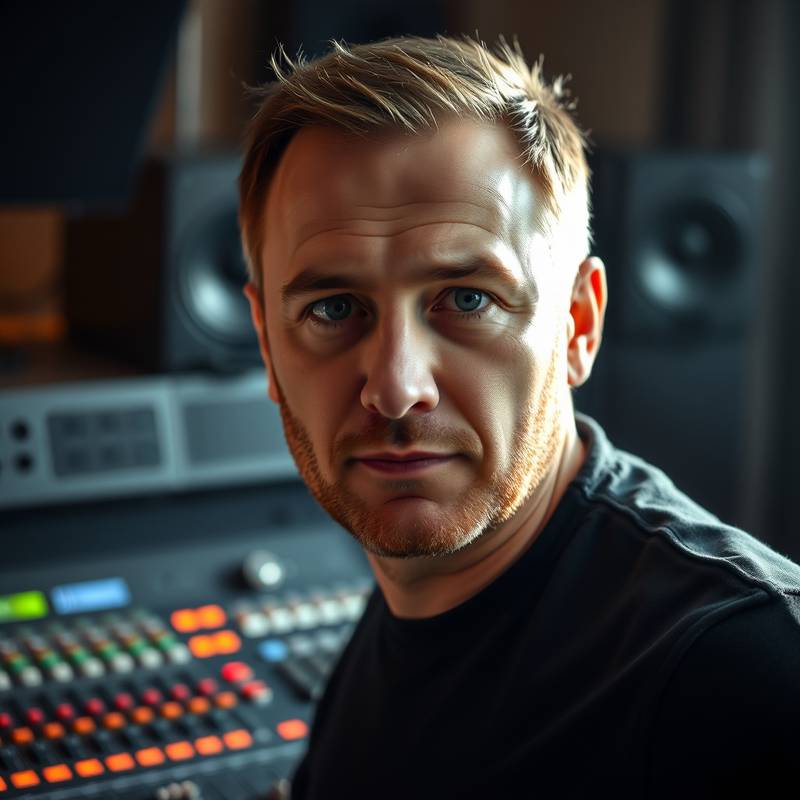 Portrait of Igor Sidorov, Sound Engineer, working at a sound mixing console