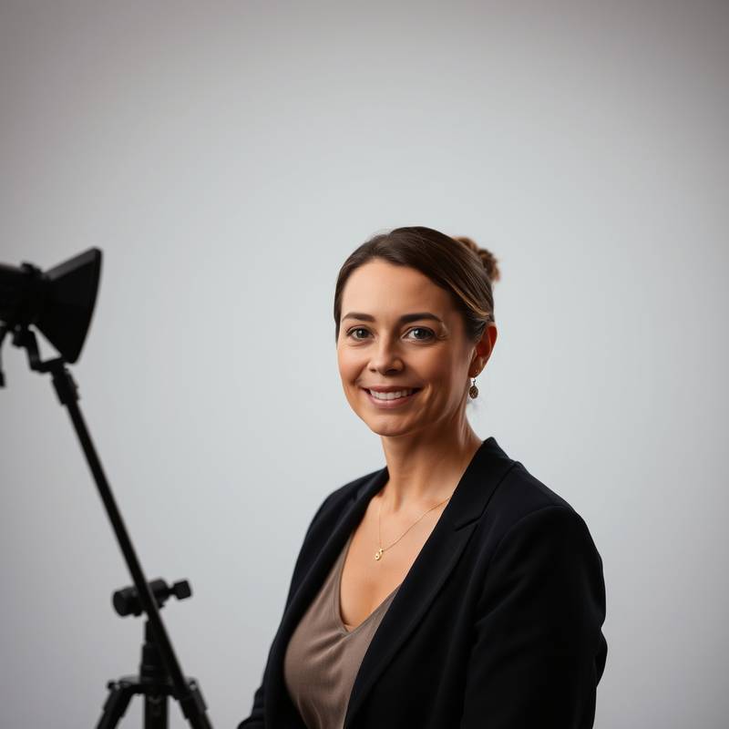Professional photographer capturing a portrait in a well-lit studio with soft lighting