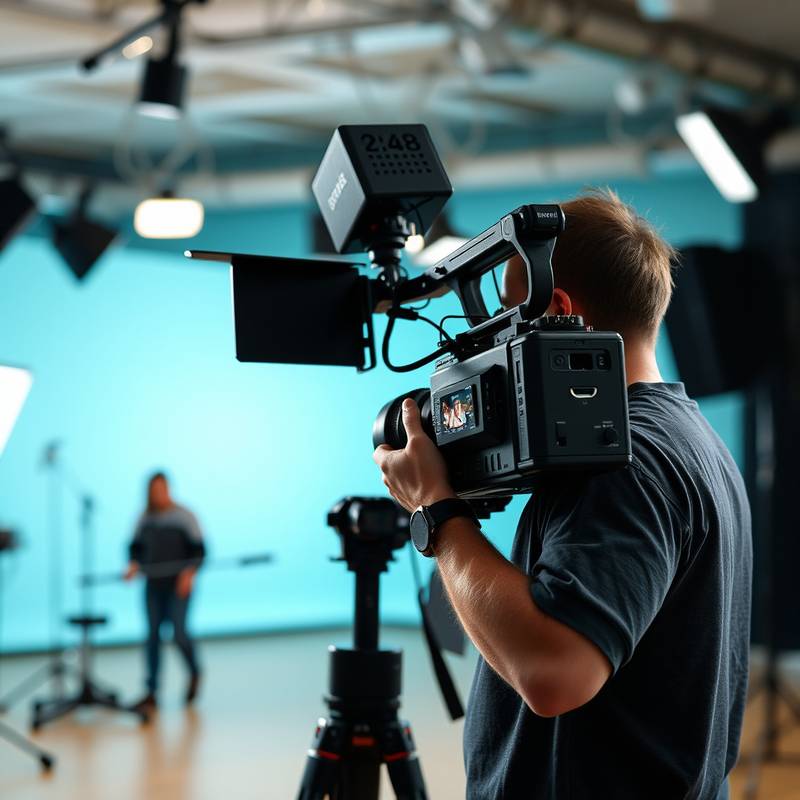 Professional videographer filming a scene with a high-end camera in a studio setting